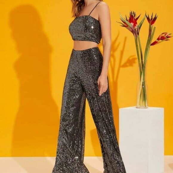Wide Leg Pants with matching crop top Silver - Picture 9 of 10
